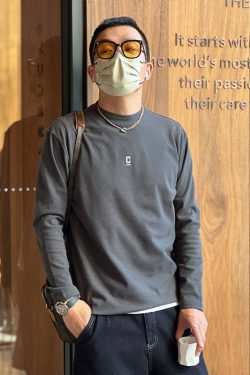 Embroidered Fleece Long-Sleeve T-Shirt for Men, Solid Color, Half-High Collar, Casual Warm Base Layer for Autumn & Winter