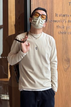 Embroidered Fleece Long-Sleeve T-Shirt for Men, Solid Color, Half-High Collar, Casual Warm Base Layer for Autumn & Winter