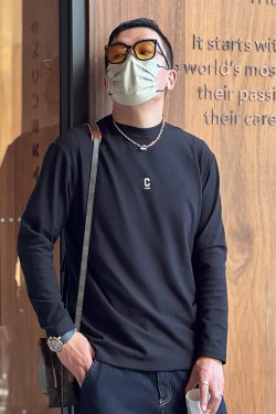 Embroidered Fleece Long-Sleeve T-Shirt for Men, Solid Color, Half-High Collar, Casual Warm Base Layer for Autumn & Winter