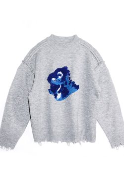 Embroidered Hem Distressed Little Dinosaur Sweater - Trendy Y2K Style with Roaring Beast Design for a Unique Look
