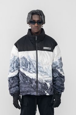 Embroidered Logo Spliced Nylon Down Jacket with Full Print for Autumn Winter - Stylish Mountain Design