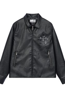 Embroidered Metal Cross Star Logo Patch Lychee Leather Texture Jacket with Lapel - Edgy Fashion Statement