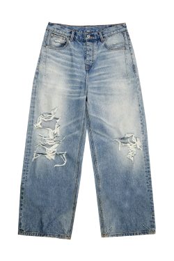 Endless Knife Cut Handmade Distressed Faded Wide-Leg Jeans - Trendy Loose Long Pants for Y2K and 90s Style Fashion