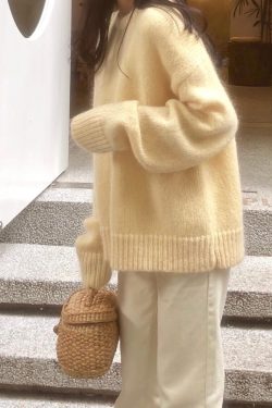 Ethereal Yellow Mohair Pullover Sweater for Women - Loose Fit Round Neck Top for Autumn/Winter 2024, Cozy Outerwear