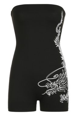 European and American Style Dragon Pattern Strapless Bodysuit - Tight-Fitting, Sleeveless Sports One-Piece Shorts for a Chic Look