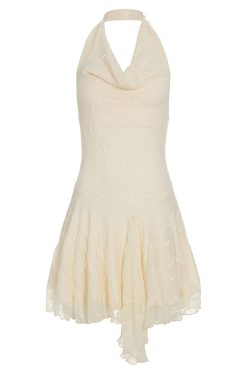 European and American Style Vacation Lace Short Skirt Dress - Semi-Transparent, Irregular Hem, Halter Neck, Waist-Cinching, Sexy Look