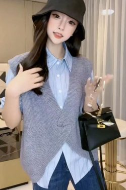 European Style Autumn Irregular Design Knitted Vest & Long Sleeve Striped Shirt Two-Piece Set - Chic Layering Fashion