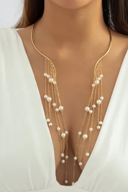 Exaggerated Long Tassel Punk Choker Necklace with Imitation Pearls - European and American Fashion Statement Jewelry
