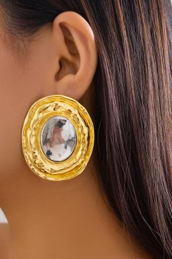 Exaggerated Oval Shiny Metal Earrings - Retro Geometric Style for Women, Chic European and American Fashion Jewelry