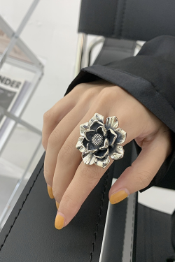 Exaggerated Silver Flower Ring - Peony Bloom Open Ring, Vintage 2025 Retro Minimalist Trendy Atmospheric Jewelry