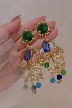 Exotic Vintage Turquoise Green Gemstone Crystal Earrings - Oversized Ethnic Statement Travel Jewelry