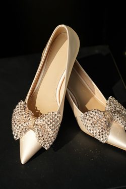 Exquisite Champagne Wedding Shoes with French Bow, Comfortable High Heels for Brides, Elegant Daily Wear Footwear