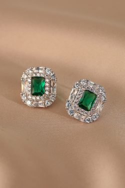 Exquisite French-Style Light Luxury 925 Silver Full Diamond Inlaid Green Zircon Sugar Cube Earrings for Women
