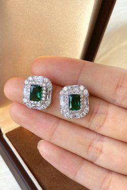 Exquisite French-Style Light Luxury 925 Silver Full Diamond Inlaid Green Zircon Sugar Cube Earrings for Women