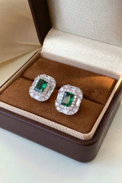 Exquisite French-Style Light Luxury 925 Silver Full Diamond Inlaid Green Zircon Sugar Cube Earrings for Women