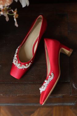 Exquisite Red Chunky Heel Wedding Shoes for Brides - Comfortable Chinese Qipao Style, High-End Design for Wide and Fat Feet