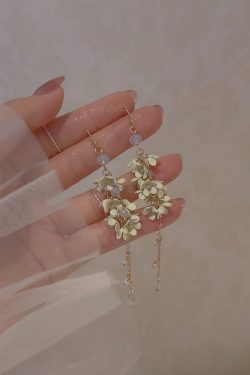 Fairy Flower Tassel Earrings with Freshwater Pearls - Long Elegant Ear Drops in Forest Style for a Slimmer Face Look