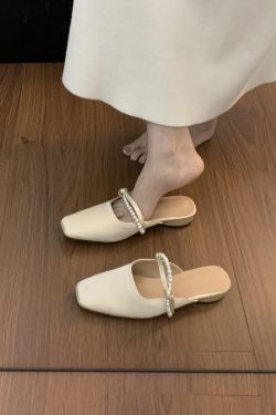 Fairy Style French Pearl Toe Half Slippers for Women, Soft Sole Mary Jane Flats for Outdoor Wear, Perfect with Skirts