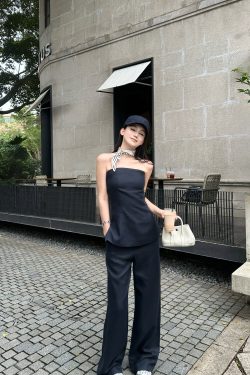 Fashionable Street Style Tencel Linen Strapless Top and Pants Set - Chic Casual Outfit for Summer 90s Inspired Look