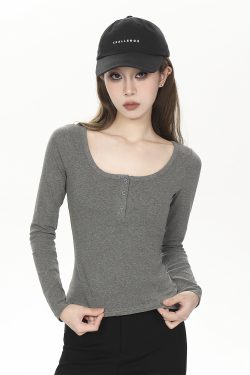 Fitted Long Sleeve Ribbed T-Shirt for Women - Solid Color Basic Top for Spring & Autumn, 2025 Trendy Spicy Girl Style