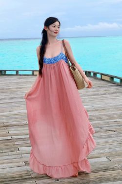 Flattering Pink Spaghetti Strap Long Dress - Super Fairy Big Swing Style for Island Vacations & Travel Outfits