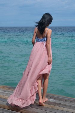 Flattering Pink Spaghetti Strap Long Dress - Super Fairy Big Swing Style for Island Vacations & Travel Outfits