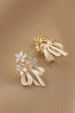 Floral Bow Stud Earrings for Women, Fairy-Like Design with Ribbon, Sweet Flower Jewelry for Weddings and Special Occasions.