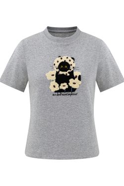 Floral Embroidered Cat T-Shirt for Women - American Style, Slim Fit, Regular Shoulder, Petite, Trendy Casual Top