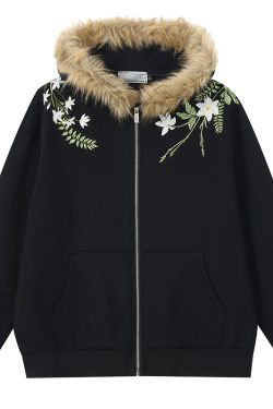 Floral Embroidered Fur Collar Hooded Cardigan Fleece Sweatshirt - Chinese Style, Cozy Layering Piece for Y2K and Korean Fashion Fans
