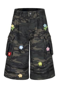 Floral Embroidery Camouflage Work Shorts for Men and Women - Retro American Pleated Multi-Pocket Cropped Pants