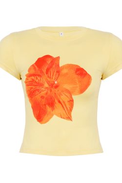Floral Print Yellow T-Shirt, Slim Fit Short Sleeve Top, European American Style, Versatile Streetwear Fashion
