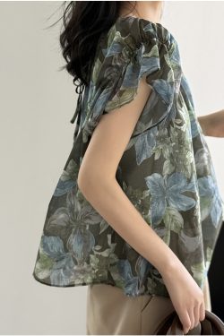 Floral Ruffled Short-Sleeve Doll Shirt for Women - 2025 Summer Loose Fit, Sun Protection, Aristocratic Style, Trendy Fashion Top