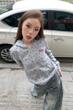 Floral Zip-Up Hoodie Cardigan for Women, American-Style Spring Sweatshirt, Loose College Casual Pure Cotton Top