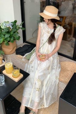 Flutter Sleeve Summer Woven Strap A-Line Dress - Spliced Slim Long Skirt, Fresh Girl Outfit, Ins Style