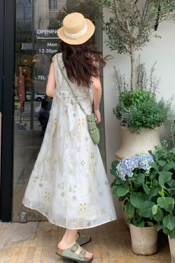 Flutter Sleeve Summer Woven Strap A-Line Dress - Spliced Slim Long Skirt, Fresh Girl Outfit, Ins Style