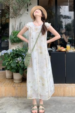 Flutter Sleeve Summer Woven Strap A-Line Dress - Spliced Slim Long Skirt, Fresh Girl Outfit, Ins Style