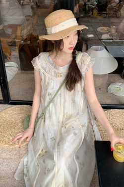 Flutter Sleeve Summer Woven Strap A-Line Dress - Spliced Slim Long Skirt, Fresh Girl Outfit, Ins Style