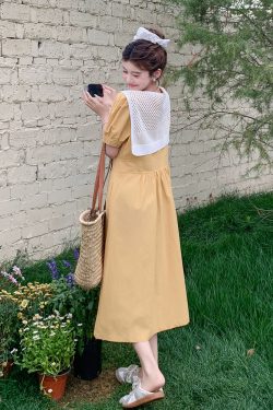 Forest-Style Sweet Lace Shawl Puff Sleeve A-Line Dress for Women - 2025 Summer Fashion, Perfect for Petite Figures