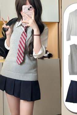 Four-Piece Women's JK Uniform Set: Pudding Bear Shirt, Sweater Vest, Skirt - Japanese College Style for Autumn & Winter