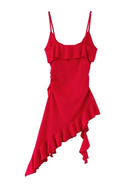 French Chic Ruffled Hem Spliced Camisole Dress for Women - Waist-Cinching, Slimming Irregular Short Skirt for Summer Fashion