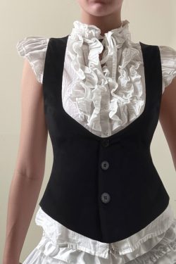 French Court Style Color-Block Lace Collar Faux Two-Piece T-Shirt with Waist-Cinching Vest - Y2K Layered Shirt Top