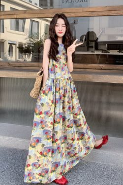 French Floral Sleeveless Dress for Women - 2025 Summer High-End Loose Vacation Style Long Dress