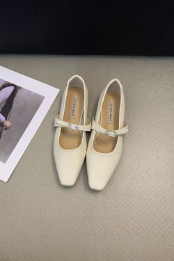 French Gentle Square-Toed Flats for Women, Low-Heeled Soft Leather Slip-Ons, Vintage-Inspired Grandma Shoes, Comfortable Maternity Footwear