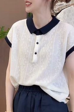 French Jacquard Polo Collar Short Sleeve Knitted Top for Women - 2025 Summer Style, Fashionable and Youthful Blouse