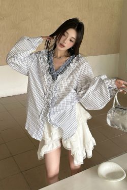 French Layered Lace Collar Plaid Shirt for Women - Unique Exquisite Design, Vintage-Inspired, Chic Fashion Top