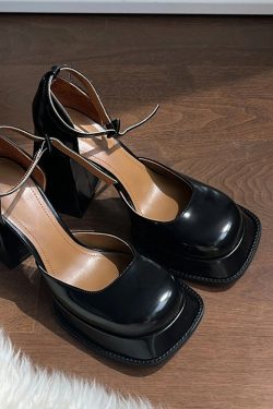 French Mary Jane Shoes for Women - Cowhide Waterproof Platform, Chunky High Heels, One-Strap Design, Perfect for Skirts and Y2K Style