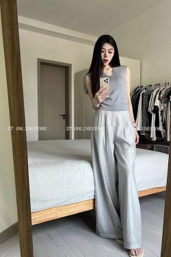 French Minimalist Sleeveless V-Neck Knitted Top & Wide-Leg Pants Set - Elegant Slim Fit Casual Outfit