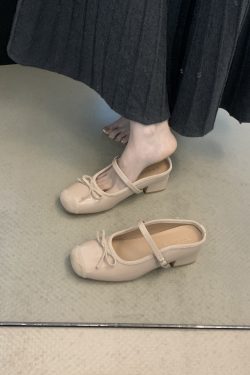 French Pink Bow Tie Open-Toe Half Slippers Women's Mary Jane Flats - Fairy Style Fashion Footwear