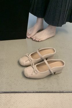 French Pink Bow Tie Open-Toe Half Slippers Women's Mary Jane Flats - Fairy Style Fashion Footwear