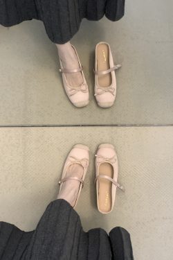 French Pink Bow Tie Open-Toe Half Slippers Women's Mary Jane Flats - Fairy Style Fashion Footwear